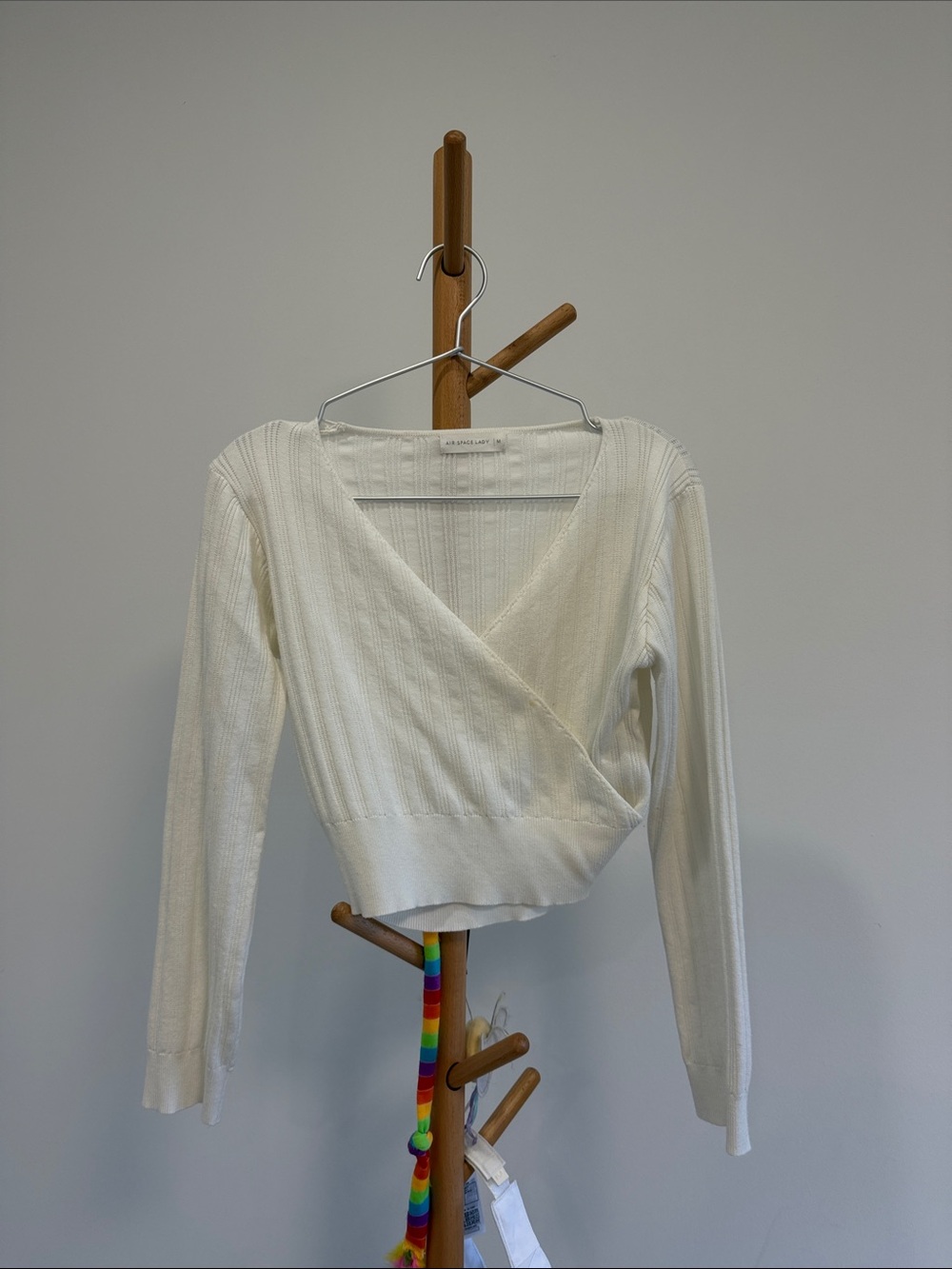 Ribbed Wrap-Front Long Sleeve Top in Cream